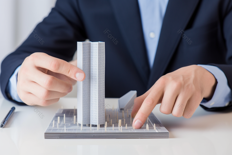 金融贸易炒房科技商务西装男人桌面一只手扶住托盘拿楼房模型实拍,高清,摄影图,摄影图片,图片大全,摄影图免费下载